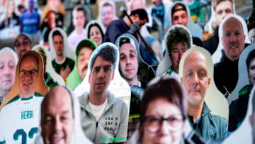 Cardboard cut-outs with portraits of Borussia Moenchegladbach's supporters are seen at the Borussia Park football stadium in Moenchengladbach, western Germany, on April 16, 2020, amid the novel coronavirus COVID-19 pandemic. - Large-scale public events such as football matches will remain banned in Germany until August 31 due to the coronavirus crisis, Berlin said on Wednesday, April 15, 2020, though it did not rule out allowing Bundesliga games to continue behind closed doors. (Photo by Ina FASSBENDER / AFP) (Photo by INA FASSBENDER/AFP via Getty Images)