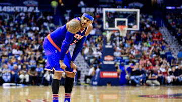 Mar 28, 2016; New Orleans, LA, USA; New York Knicks forward Carmelo Anthony (7) reacts against the New Orleans Pelicans during the second half of a game at the Smoothie King Center. The Pelicans defeated the Knicks 99-91. Mandatory Credit: Derick E. Hingle-USA TODAY Sports