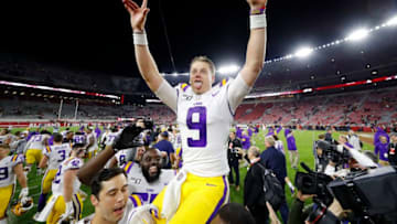 TUSCALOOSA, ALABAMA - NOVEMBER 09: Joe Burrow #9 of the LSU Tigers celebrates defeating the Alabama Crimson Tide 46-41 at Bryant-Denny Stadium on November 09, 2019 in Tuscaloosa, Alabama. (Photo by Kevin C. Cox/Getty Images)