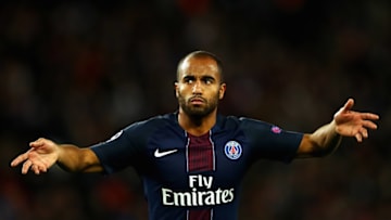 PARIS, FRANCE - OCTOBER 19: Lucas Moura of PSG signals to the fans during the Group A, UEFA Champions League match between Paris Saint-Germain Football Club and Fussball Club Basel 1893 at Parc des Princes on October 19, 2016 in Paris, France. (Photo by Dean Mouhtaropoulos/Getty Images)