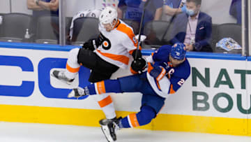Robert Hagg, Philadelphia Flyers and Anders Lee, New York Islanders (Mandatory Credit: John E. Sokolowski-USA TODAY Sports