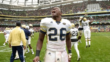 Dublin , Ireland - 3 September 2016; Georgia Tech running back Dedrick Mills, who scored his team's winning touchdown, celebrates at the final whistle during the Aer Lingus College Football Classic match between Boston College Eagles and Georgia Tech Yellow Jackets at the Aviva Stadium in Lansdowne Road, Dublin. (Photo By Cody Glenn/Sportsfile via Getty Images)