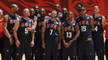 Players from the US Olympic basketball team (L-R) Carlos Boozer, Jason Kidd, Michael Redd, LeBron James, Miami Heat Dwyane Wade, Deron Willimas, Dwight Howard, Kobe Bryant, Chris Paul, Carmelo Anthony, Chris Bosh and Tayshaun Prince pose in Rockefeller Center(TIMOTHY A. CLARY/AFP via Getty Images)