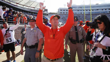 TALLAHASSEE, FL - OCTOBER 27: Head coach Dabo Swinney of the Clemson Tigers celebrates after the game against the Florida State Seminoles at Doak Campbell Stadium on October 27, 2018 in Tallahassee, Florida. Clemson won 59-10. (Photo by Joe Robbins/Getty Images)