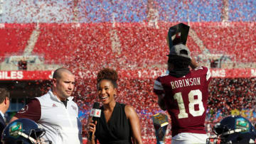 Jan 2, 2023; Tampa, FL, USA; Mississippi State Bulldogs head coach Zach Arnett speaks after beating the Illinois Fighting Illini in the 2023 ReliaQuest Bowl at Raymond James Stadium. Mandatory Credit: Nathan Ray Seebeck-USA TODAY Sports