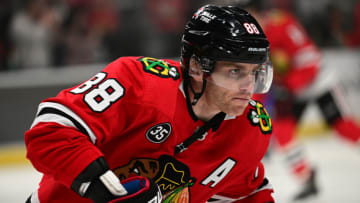 Mar 24, 2022; Los Angeles, California, USA; Chicago Blackhawks right wing Patrick Kane (88) warms up before the game against the Los Angeles Kings at Crypto.com Arena. Mandatory Credit: Jayne Kamin-Oncea-USA TODAY Sports