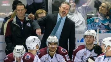 Jan 26, 2016; San Jose, CA, USA; Colorado Avalanche head coach Patrick Roy watches the game against the San Jose Sharks in the 3rd period at SAP Center at San Jose. Mandatory Credit: John Hefti-USA TODAY Sports. The Sharks won 6-1.