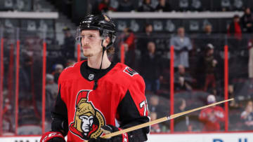 OTTAWA, ON - JANUARY 31: Thomas Chabot #72 of the Ottawa Senators looks on during a break in a game against the Washington Capitals at Canadian Tire Centre on January 31, 2020 in Ottawa, Ontario, Canada. (Photo by Jana Chytilova/Freestyle Photography/Getty Images)