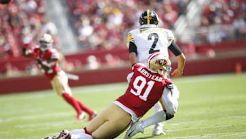 SANTA CLARA, CA - SEPTEMBER 22: Arik Armstead #91 of the San Francisco 49ers pressures Mason Rudolph #2 of the Pittsburgh Steelers into throwing an interception during the game at Levi's Stadium on September 22, 2019 in Santa Clara, California. The 49ers defeated the Steelers 24-20. (Photo by Michael Zagaris/San Francisco 49ers/Getty Images)