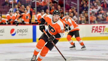 PHILADELPHIA, PA - SEPTEMBER 17: Center Mikhail Vorobyev (46) charges towards the puck during the NHL Preseason game between the New York Islanders and the Philadelphia Flyers on September 17, 2018 at the Wells Fargo Center in Philadelphia PA. (Photo by Gavin Baker/Icon Sportswire via Getty Images)
