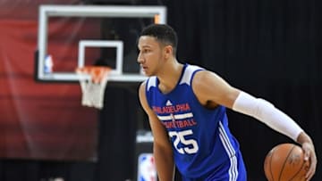 Jul 12, 2016; Las Vegas, NV, USA; Philadelphia 76ers forward Ben Simmons (25) dribbles the ball during an NBA Summer League game against the Golden State Warriors at Thomas & Mack Center. Golden State won the game 85-77. Mandatory Credit: Stephen R. Sylvanie-USA TODAY Sports