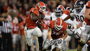 Nov 21, 2015; Athens, GA, USA; Georgia Bulldogs running back Sony Michel (1) runs against the Georgia Southern Eagles during the second quarter at Sanford Stadium. Mandatory Credit: Dale Zanine-USA TODAY Sports
