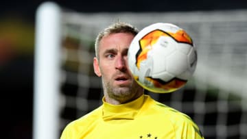 GLASGOW, SCOTLAND - MARCH 12: Allan McGregor of Rangers FC looks on during the UEFA Europa League round of 16 first leg match between Rangers FC and Bayer 04 Leverkusen at Ibrox Stadium on March 12, 2020 in Glasgow, United Kingdom. (Photo by Mark Runnacles/Getty Images)