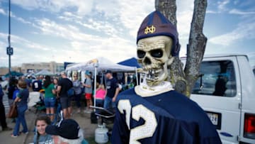 SOUTH BEND, IN - OCTOBER 21: A skeleton dressed in a Notre Dame Fighting Irish uniform hangs from a tree as fans tailgate prior to the game against the USC Trojans at Notre Dame Stadium on October 21, 2017 in South Bend, Indiana. (Photo by Joe Robbins/Getty Images)