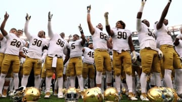 EAST RUTHERFORD, NJ - OCTOBER 01: The Notre Dame Fighting Irish celebrate the win over the Syracuse Orange at MetLife Stadium on October 1, 2016 in East Rutherford, New Jersey.The Notre Dame Fighting Irish defeated the Syracuse Orange 50-33. (Photo by Elsa/Getty Images)
