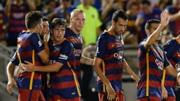 Jul 21, 2015; Los Angeles, CA, USA; FC Barcelona celebrates a goal against the Los Angeles Galaxy in the first half of the game at the Rose Bowl. Mandatory Credit: Jayne Kamin-Oncea-USA TODAY Sports