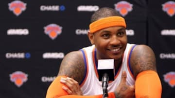 Oct. 1, 2012; Tarrytown, NY, USA; New York Knicks small forward Carmelo Anthony speaks to the media at the MSG Training Facility. Mandatory Credit: Debby Wong-USA TODAY Sports