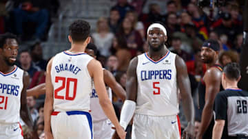 CLEVELAND, OH - MARCH 22: Landry Shamet #20, Montrezl Harrell #5 of the LA Clippers hi-five each other during the game against the Cleveland Cavaliers on March 22, 2019 at Quicken Loans Arena in Cleveland, Ohio. NOTE TO USER: User expressly acknowledges and agrees that, by downloading and/or using this Photograph, user is consenting to the terms and conditions of the Getty Images License Agreement. Mandatory Copyright Notice: Copyright 2019 NBAE (Photo by David Liam Kyle/NBAE via Getty Images)