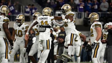 MINNEAPOLIS, MN - OCTOBER 28: Alvin Kamara #41 and Mark Ingram #22 of the New Orleans Saints on field before the game against the Minnesota Vikings at U.S. Bank Stadium on October 28, 2018 in Minneapolis, Minnesota. (Photo by Stephen Maturen/Getty Images)