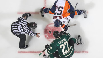 LONDON, ON - MARCH 17: Ty Dellandrea #53 of the Flint Firebirds takes a faceoff against Robert Thomas #27 of the London Knights during an OHL game at Budweiser Gardens on March 17, 2017 in London, Ontario, Canada. The Knights defeated the Firebirds 7-3. (Photo by Claus Andersen/Getty Images)