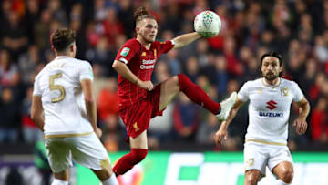 MILTON KEYNES, ENGLAND - SEPTEMBER 25: Harvey Elliott of Liverpool controls the ball while in the air during the Carabao Cup Third Round match between Milton Keynes Dons and Liverpool FC at Stadium MK on September 25, 2019 in Milton Keynes, England. (Photo by Julian Finney/Getty Images)