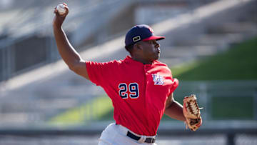 MINNEAPOLIS, MN- AUGUST 23: Kumar Rocker #29 of the USA Baseball 18U National Team pitches during the national team trials on August 23, 2017 at Siebert Field in Minneapolis, Minnesota. (Photo by Brace Hemmelgarn/Getty Images)