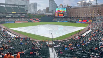 Rain delays the start of a Baltimore Orioles game. (Mitch Stringer-USA TODAY Sports)