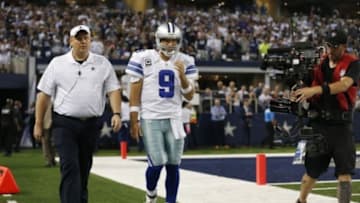 Oct 27, 2014; Arlington, TX, USA; Dallas Cowboys quarterback Tony Romo (9) returns from the locker room in the fourth quarter against the Washington Redskins at AT&T Stadium. The Redskins beat the Cowboys 20-17 in overtime. Mandatory Credit: Matthew Emmons-USA TODAY Sports