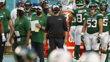 MIAMI GARDENS, FLORIDA - OCTOBER 18: Head coach Adam Gase of the New York Jets looks on from the side line during the second half of their game against the Miami Dolphins at Hard Rock Stadium on October 18, 2020 in Miami Gardens, Florida. (Photo by Michael Reaves/Getty Images)
