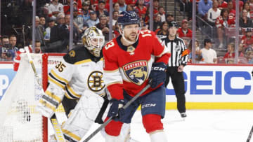 SUNRISE, FL - APRIL 28: Sam Reinhart #13 of the Florida Panthers gets into position in front of goaltender Linus Ullmark #35 of the Boston Bruins in Game Six of the First Round of the 2023 Stanley Cup Playoffs at the FLA Live Arena on April 28, 2023 in Sunrise, Florida. (Photo by Joel Auerbach/Getty Images)