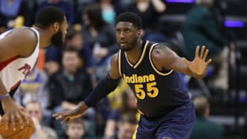 Feb 4, 2015; Indianapolis, IN, USA; Indiana Pacers center Roy Hibbert (55) plays defense against Detroit Pistons center Andre Drummond (0) at Bankers Life Fieldhouse. Indiana defeats Detroit 114-109. Mandatory Credit: Brian Spurlock-USA TODAY Sports