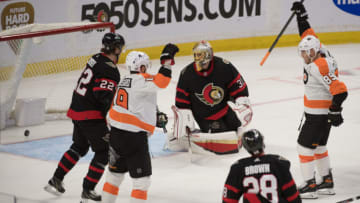 Mar 18, 2022; Ottawa, Ontario, CAN; Philadelphia Flyers right wing Cam Atkinson (89) celebrates his goal against Ottawa Senators goalie Anton Forsberg (31) in the second period at the Canadian Tire Centre. Mandatory Credit: Marc DesRosiers-USA TODAY Sports
