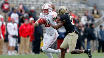 WEST LAFAYETTE, IN - NOVEMBER 19: Wisconsin Badgers tight end Troy Fumagalli (81) battles with Purdue Boilermaker safety Leroy Clark (3) during an NCAA football game between the Wisconsin Badgers and the Purdue Boilermakers on November 19, 2016, at the Ross-Ade Stadium, West Lafayette, IN. (Photo by Jeffrey Brown/Icon Sportswire via Getty Images)