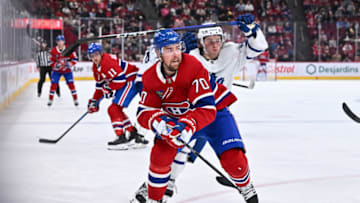 MONTREAL, CANADA - SEPTEMBER 29: Tanner Pearson #70 of the Montreal Canadiens skates during the second period of a pre-season game against the Toronto Maple Leafs at the Bell Centre on September 29, 2023 in Montreal, Quebec, Canada. The Toronto Maple Leafs defeated the Montreal Canadiens 2-1. (Photo by Minas Panagiotakis/Getty Images)