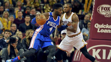Dec 20, 2015; Cleveland, OH, USA; Philadelphia 76ers forward Nerlens Noel (4) drives against Cleveland Cavaliers forward James Jones (1) during the fourth quarter at Quicken Loans Arena. The Cavs won 108-86. Mandatory Credit: Ken Blaze-USA TODAY Sports
