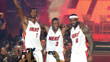 Chris Bosh, Dwyane Wade and LeBron James attend the Miami HEAT Summer of 2010 Welcome Event at AmericanAirlines Arena(Photo by Alexander Tamargo/Getty Images)