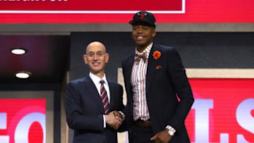 NEW YORK, NY - JUNE 22: Justin Patton walks on stage with NBA commissioner Adam Silver after being drafted 16th overall by the Chicago Bulls during the first round of the 2017 NBA Draft at Barclays Center on June 22, 2017 in New York City. NOTE TO USER: User expressly acknowledges and agrees that, by downloading and or using this photograph, User is consenting to the terms and conditions of the Getty Images License Agreement. (Photo by Mike Stobe/Getty Images)