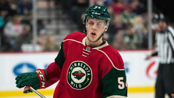 Oct 2, 2016; Saint Paul, MN, USA; Minnesota Wild forward Joel Eriksson Ek (54) looks on during the third period of a preseason hockey game against the Carolina Hurricanes at Xcel Energy Center. The Wild defeated the Hurricanes 3-1. Mandatory Credit: Brace Hemmelgarn-USA TODAY Sports