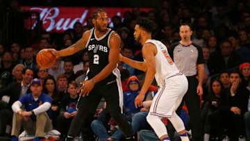 NEW YORK, NY - JANUARY 02: (NEW YORK DAILIES OUT) Kawhi Leonard #2 of the San Antonio Spurs in action against Courtney Lee #5 of the New York Knicks at Madison Square Garden on January 2, 2018 in New York City. The Spurs defeated the Knicks 100-91. NOTE TO USER: User expressly acknowledges and agrees that, by downloading and/or using this Photograph, user is consenting to the terms and conditions of the Getty Images License Agreement. (Photo by Jim McIsaac/Getty Images)