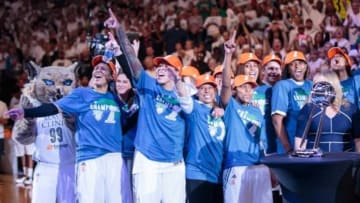 Oct 14, 2015; Minneapolis, MN, USA; Minnesota Lynx celebrate their championship against the Indiana Fever at Target Center. The Minnesota Lynx beat the Indiana Fever 69-52. Mandatory Credit: Brad Rempel-USA TODAY Sports