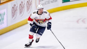 NASHVILLE, TN - JANUARY 19: Jayce Hawryluk #8 of the Florida Panthers skates against the Nashville Predators during a NHL game at Bridgestone Arena on January 19, 2019 in Nashville, Tennessee. (Photo by Ronald C. Modra/NHL/Getty Images)