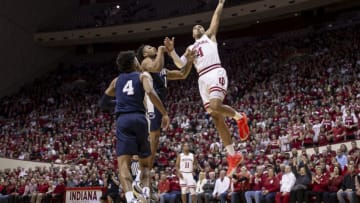 BLOOMINGTON, IN - FEBRUARY 23: Trayce Jackson-Davis #4 of the Indiana Hoosiers goes up to dunk the ball during the game against the Penn State Nittany Lions at Assembly Hall on February 23, 2020 in Bloomington, Indiana. (Photo by Michael Hickey/Getty Images)