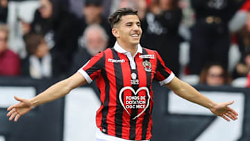 Nice's Algerian defender Youcef Atal celebrates afte scoring a goal during the French L1 football match between Nice (OGCN) and Strasbourg (RCSA) on March 3, 2019, at the Allianz Riviera stadium in Nice, southeastern France. (Photo by VALERY HACHE / AFP) (Photo credit should read VALERY HACHE/AFP/Getty Images)