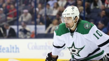 Dec 29, 2015; Columbus, OH, USA; Dallas Stars left wing Patrick Sharp (10) looks on during a stoppage in play in the third period against the Columbus Blue Jackets at Nationwide Arena. The Jackets won 6-3. Mandatory Credit: Aaron Doster-USA TODAY Sports