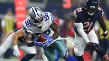 Sep 25, 2016; Arlington, TX, USA; Dallas Cowboys receiver Dez Bryant (88) dives for the end zone for a touchdown in the fourth quarter against Chicago Bears cornerback Tracy Porter (21) at AT&T Stadium. Mandatory Credit: Matthew Emmons-USA TODAY Sports
