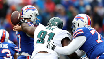 ORCHARD PARK, NEW YORK - OCTOBER 27: Fletcher Cox #91 of the Philadelphia Eagles knocks the ball out of Josh Allen #17 of the Buffalo Bills hand during the first quarter of an NFL game at New Era Field on October 27, 2019 in Orchard Park, New York. (Photo by Bryan M. Bennett/Getty Images)
