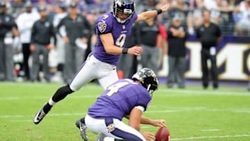 Oct 2, 2016; Baltimore, MD, USA; Baltimore Ravens kicker Justin Tucker (9) kicks a field goal in the second quarter against the Oakland Raiders at M&T Bank Stadium. Mandatory Credit: Evan Habeeb-USA TODAY Sports