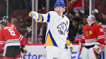 Jan 17, 2023; Chicago, Illinois, USA; Buffalo Sabres defenseman Rasmus Dahlin (26) warms up before a game against the Chicago Blackhawks at United Center. Mandatory Credit: Jamie Sabau-USA TODAY Sports
