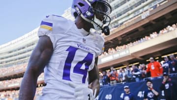 Nov 1, 2015; Chicago, IL, USA; Minnesota Vikings wide receiver Stefon Diggs (14) celebrates with teammates after scoring a touchdown against the Chicago Bears during the fourth quarter at Soldier Field. The Vikings won 23-20. Mandatory Credit: Kamil Krzaczynski-USA TODAY Sports