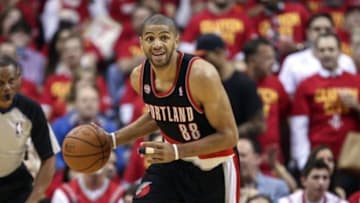 Apr 30, 2014; Houston, TX, USA; Portland Trail Blazers forward Nicolas Batum (88) brings the ball up the court during the first quarter against the Houston Rockets in game five of the first round of the 2014 NBA Playoffs at Toyota Center. Mandatory Credit: Troy Taormina-USA TODAY Sports